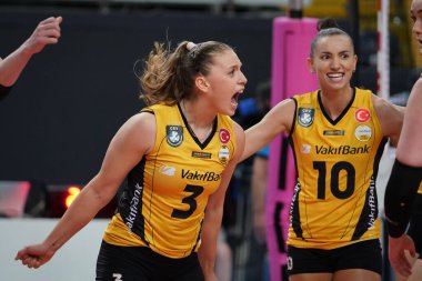 ISTANBUL, TURKEY - MAY 03, 2022: Cansu Ozbay and Gabriela Guimaraes in Vakifbank vs Fenerbahce Opet Turkish Sultans League Playoff Final match in Vakifbank Sport Hall