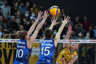 ISTANBUL, TURKEY - MAY 03, 2022: Arina Fedorovtseva and Mina Popovic in action during Vakifbank vs Fenerbahce Opet Turkish Sultans League Playoff Final match in Vakifbank Sport Hall