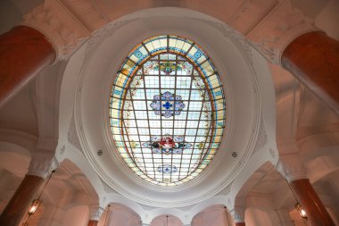 ANKARA, TURKIYE - JUNE 04, 2022: Stained glass roof of Turkiye Is Bankasi Economic Independence Museum where was built in 1929 as the headquarters of Turkiye Is Bankasi converted to museum in 2019