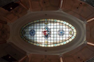 ANKARA, TURKIYE - JUNE 04, 2022: Stained glass roof of Turkiye Is Bankasi Economic Independence Museum where was built in 1929 as the headquarters of Turkiye Is Bankasi converted to museum in 2019