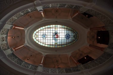 ANKARA, TURKIYE - JUNE 04, 2022: Stained glass roof of Turkiye Is Bankasi Economic Independence Museum where was built in 1929 as the headquarters of Turkiye Is Bankasi converted to museum in 2019