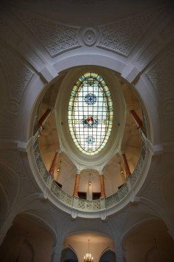 ANKARA, TURKIYE - JUNE 04, 2022: Stained glass roof of Turkiye Is Bankasi Economic Independence Museum where was built in 1929 as the headquarters of Turkiye Is Bankasi converted to museum in 2019