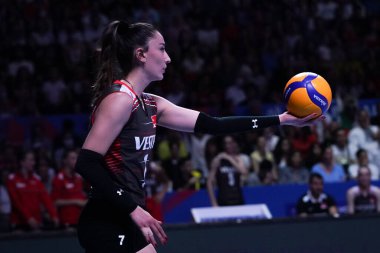 ANKARA, TURKIYE - JUNE 04, 2022: Baladin Hande serves during Bulgaria vs Turkiye VNL Pool match in Ankara Arena