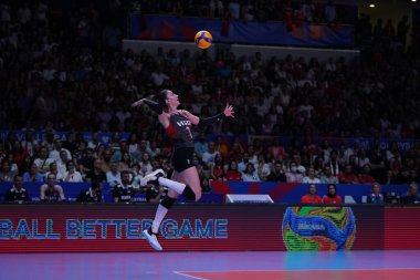 ANKARA, TURKIYE - JUNE 04, 2022: Baladin Hande serves during Bulgaria vs Turkiye VNL Pool match in Ankara Arena