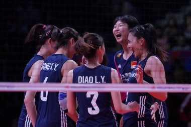 ANKARA, TURKIYE - JUNE 04, 2022: China players celebrating score point during Italy VNL Pool match in Ankara Arena