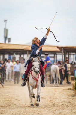 ISTANBUL, TURKIYE - JUNE 11, 2022: Horse Archery show during Etnospor Culture Festival