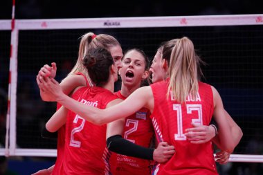 ANKARA, TURKIYE - JUNE 03, 2022: Serbia players celebrating score point during Bulgaria VNL Pool match in Ankara Arena