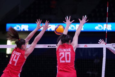 ANKARA, TURKIYE - JUNE 03, 2022: Aleksic Maja and Zelenovic Jovana in action during Serbia vs Bulgaria VNL Pool match in Ankara Arena