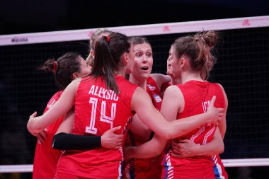 ANKARA, TURKIYE - JUNE 03, 2022: Serbia players celebrating score point during Bulgaria VNL Pool match in Ankara Arena