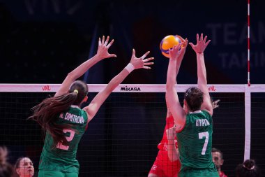 ANKARA, TURKIYE - JUNE 03, 2022: Dimitrova Nasya and Kitipova Lora in action during Serbia vs Bulgaria VNL Pool match in Ankara Arena