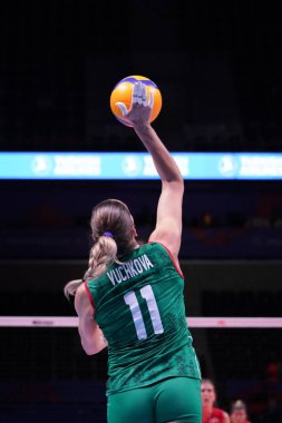 ANKARA, TURKIYE - JUNE 03, 2022: Vuchkova Hristina Hristova serves during Serbia vs Bulgaria VNL Pool match in Ankara Arena