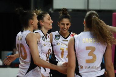 ISTANBUL, TURKEY - FEBRUARY 20, 2022: Vakifbank players celebrating score point during Mert Grup Sigorta Turkish Sultans League match in Vakifbank Sport Hall