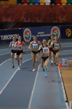 ISTANBUL, TURKEY - MARCH 05, 2022: Athletes running during Balkan Athletics Indoor Championships in Atakoy Athletics Arena