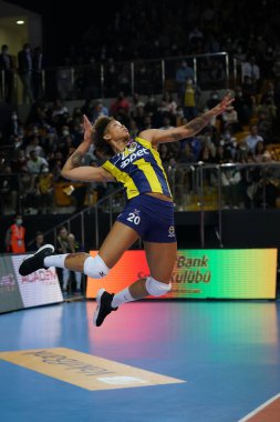 ISTANBUL, TURKEY - MARCH 31, 2022: Melissa Vargas serves during Vakifbank vs Fenerbahce Opet CEV Champions League Volley Semi Final match in Vakifbank Sport Hall
