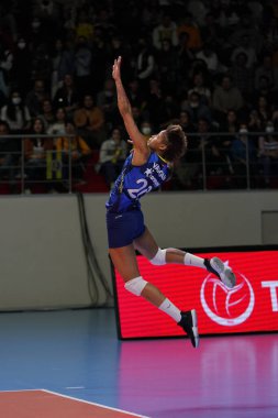ISTANBUL, TURKEY - APRIL 06, 2022: Melissa Vargas serves during Fenerbahce Opet vs Vakifbank CEV Champions League Volley Semi Final match in Vakifbank Sport Hall