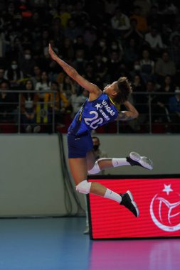 ISTANBUL, TURKEY - APRIL 06, 2022: Melissa Vargas serves during Fenerbahce Opet vs Vakifbank CEV Champions League Volley Semi Final match in Vakifbank Sport Hall