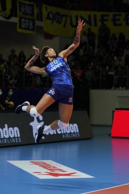 ISTANBUL, TURKEY - APRIL 06, 2022: Melissa Vargas serves during Fenerbahce Opet vs Vakifbank CEV Champions League Volley Semi Final match in Vakifbank Sport Hall