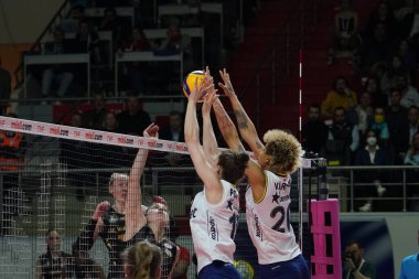 ISTANBUL, TURKEY - APRIL 30, 2022: Mina Popovic and Melissa Vargas in action during Fenerbahce Opet vs Vakifbank Turkish Sultans League Playoff Final match in Burhan Felek Sport Hall