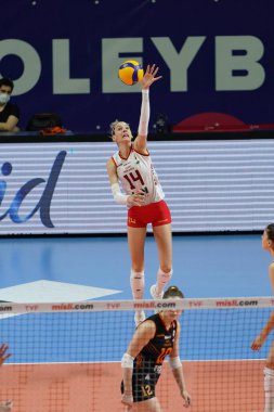 ISTANBUL, TURKEY - APRIL 02, 2022: Alexia Ioana Carutasu serves during Galatasaray HDI Sigorta vs Mert Grup Sigorta Turkish Sultans League match in Burhan Felek Sport Hall