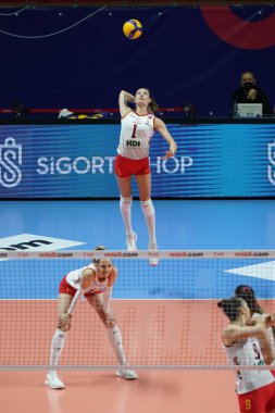 ISTANBUL, TURKEY - APRIL 02, 2022: Anthi Vasilantonaki serves during Galatasaray HDI Sigorta vs Mert Grup Sigorta Turkish Sultans League match in Burhan Felek Sport Hall