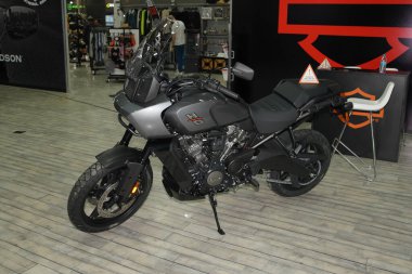 ISTANBUL, TURKEY - APRIL 23, 2022: Harley Davidson motorcycle on display at Motobike Expo in Istanbul Exhibition Center