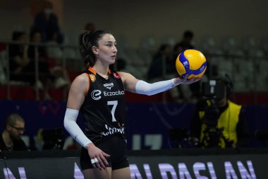 ISTANBUL, TURKEY - APRIL 30, 2022: Hande Baladin serves during Turk Hava Yollari vs Eczacibasi Dynavit Turkish Sultans League Playoff 3-4 match in Burhan Felek Sport Hall