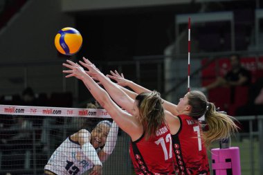 ISTANBUL, TURKEY - APRIL 02, 2022: TeTori Dixon and Kiera Van Ryk in action during Turk Hava Yollari vs PTT Turkish Sultans League match in Burhan Felek Sport Hall