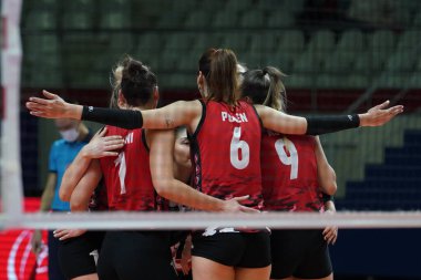ISTANBUL, TURKEY - APRIL 02, 2022: Turk Hava Yollari players celebrating score point during PTT Turkish Sultans League match in Burhan Felek Sport Hall