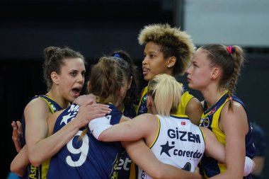 ISTANBUL, TURKEY - MAY 06, 2022: Fenerbahce Opet players celebrating score point during Vakifbank Turkish Sultans League Playoff Final match in Burhan Felek Sport Hall
