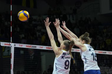 ISTANBUL, TURKEY - MAY 09, 2022: Meliha Ismailoglu and Mina Popovic in action during Fenerbahce Opet vs Vakifbank Turkish Sultans League Playoff Final match in Burhan Felek Sport Hall