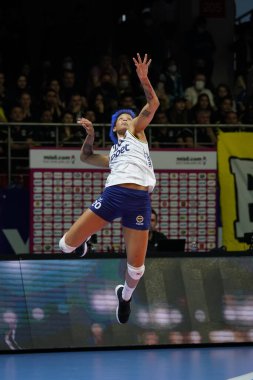 ISTANBUL, TURKEY - MAY 09, 2022: Melissa Vargas serves during Fenerbahce Opet vs Vakifbank Turkish Sultans League Playoff Final match in Burhan Felek Sport Hall