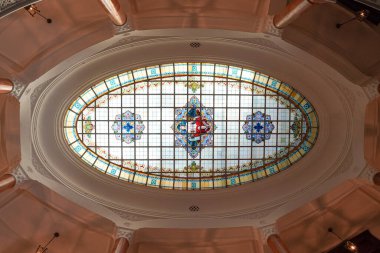 ANKARA, TURKIYE - JUNE 04, 2022: Stained glass roof of Turkiye Is Bankasi Economic Independence Museum where was built in 1929 as the headquarters of Turkiye Is Bankasi converted to museum in 2019