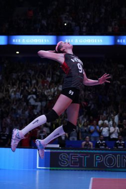 ANKARA, TURKIYE - JUNE 04, 2022: Karakurt Ebrar serves during Bulgaria vs Turkiye VNL Pool match in Ankara Arena