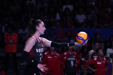 ANKARA, TURKIYE - JUNE 04, 2022: Baladin Hande serves during Bulgaria vs Turkiye VNL Pool match in Ankara Arena
