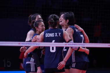 ANKARA, TURKIYE - JUNE 04, 2022: China players celebrating score point during Italy VNL Pool match in Ankara Arena