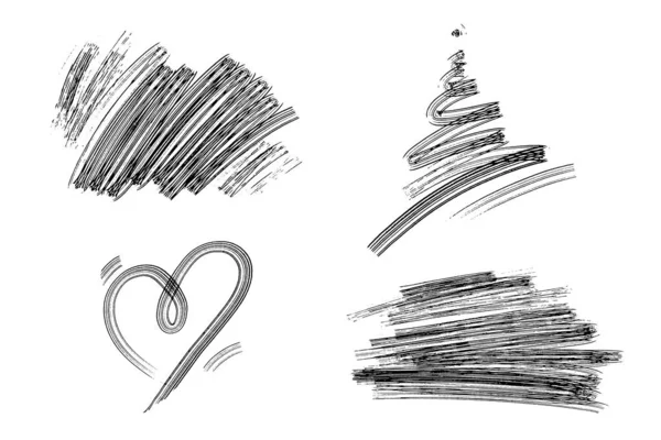 Vector set of hand drawn shapes. One color hand drawn hearts, christmas tree and rectangular strokes. Hand drawn backdrops. — Archivo Imágenes Vectoriales