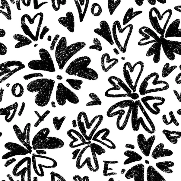 Patrón con corazones texturizados en forma de flor. Fondo de un solo color sin costuras. Fondo repetible dibujado a mano. — Archivo Imágenes Vectoriales