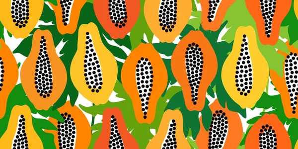 Modello senza cuciture vettoriale con frutta. Colorato disegnato a mano sfondo minimalista. Papaya metà con foglie sfondo. — Vettoriale Stock