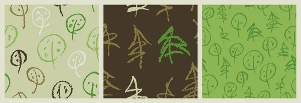Minimalistyczny bezszwowy wzór z ręcznie rysowanymi drzewami. Stylowe nowoczesne wzory z lasu. Kontekst ręcznie czerpany przez wektory. — Wektor stockowy