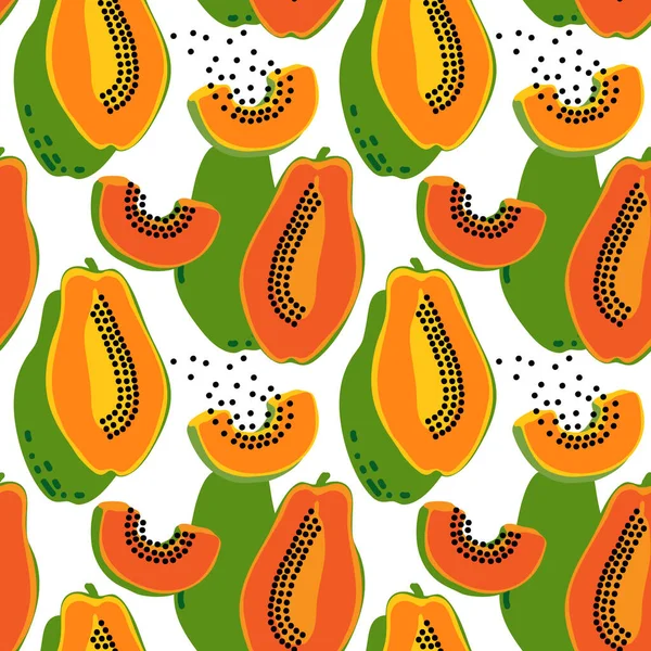 Vektornahtloses Muster mit Früchten. Bunte Hand gezeichneten minimalistischen Hintergrund. Papayahälften mit Blätterkulisse. — Stockvektor
