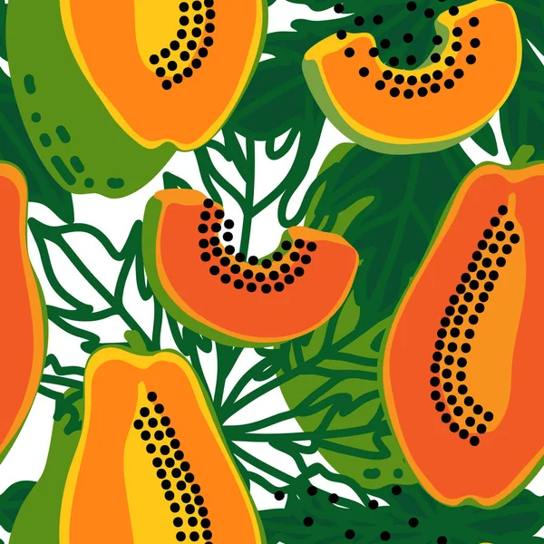 Vector Hand gezeichnete nahtlose Muster mit Papaya-Früchten und Blättern. Tropisches Hinterland. Helle Sommerkulisse. — Stockvektor