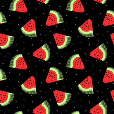 Karpuz dilimli vektörsüz desen. Renkli el çizimi tekrarlanabilir arka plan. Tohumlu yaz meyveleri.