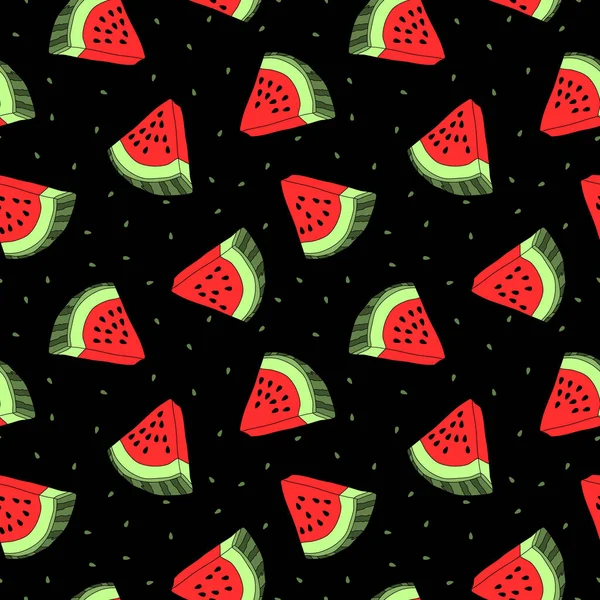 Vektornahtloses Muster mit Wassermelonenscheiben. Bunte handgezeichnete reproduzierbare Hintergrund. Sommerfrüchte mit Samen. — Stockvektor