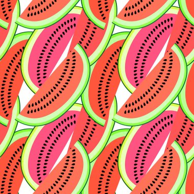 Karpuz dilimli vektörsüz desen. Renkli el çizimi tekrarlanabilir arka plan. Tohumlu yaz meyveleri.
