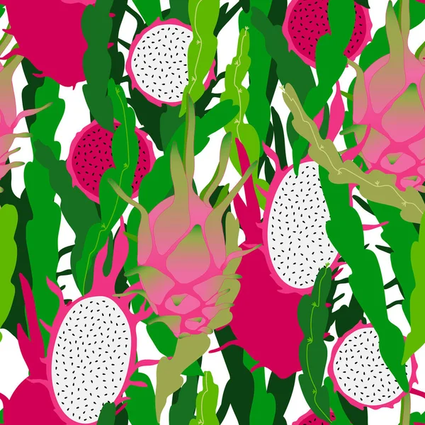Sommer nahtlose Muster mit tropischen Früchten. Vektorflorale wiederholbare Kulisse. Rote Drachenfrüchte mit grünen Stielen Hintergrund. — Stockvektor