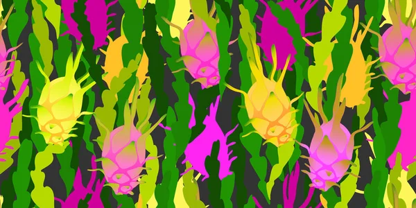 Patrón sin costura de verano con frutas tropicales. Fondo vectorial floral repetible. Dragones magenta y amarillos con fondo de tallos verdes. — Vector de stock