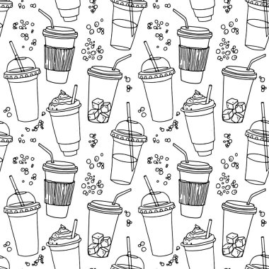 Kahve fincanlarıyla el çizimi, pipetlerle çeşitli şekillerde. Tek renkli doğrusal komik arkaplan.