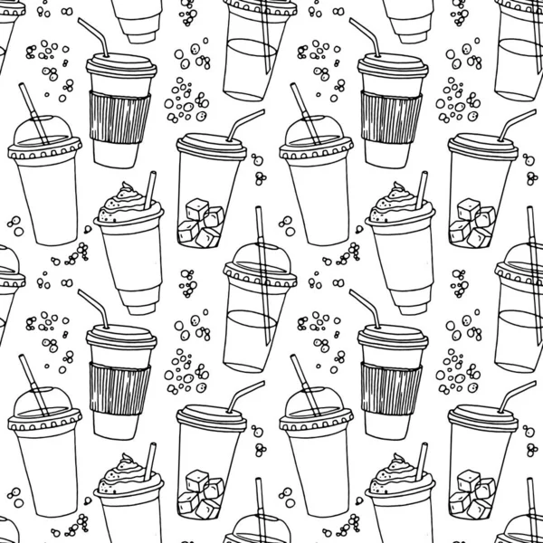 Kahve fincanlarıyla el çizimi, pipetlerle çeşitli şekillerde. Tek renkli doğrusal komik arkaplan.