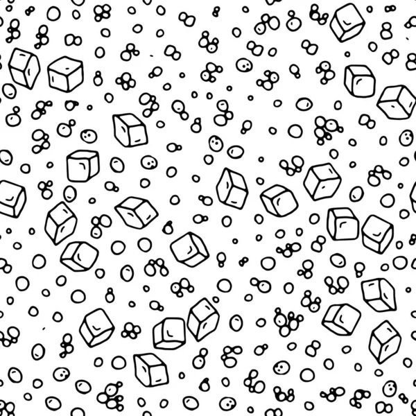 Векторный бесшовный узор с нарисованными вручную пузырями и кубиками льда, случайно размещенными на прозрачном фоне. Простой смешной монохромный повторяемый фон. — стоковый вектор