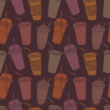 Kahve fincanlarıyla el çizimi, pipetlerle çeşitli şekillerde. Koyu tekrarlanabilir arkaplan.